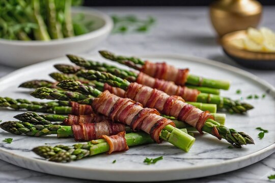 acon Wrapped Asparagus on a Marble Surface