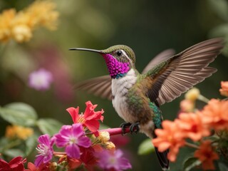 Fototapeta premium The backside of a female Broad tailed hummingbird with colorful background