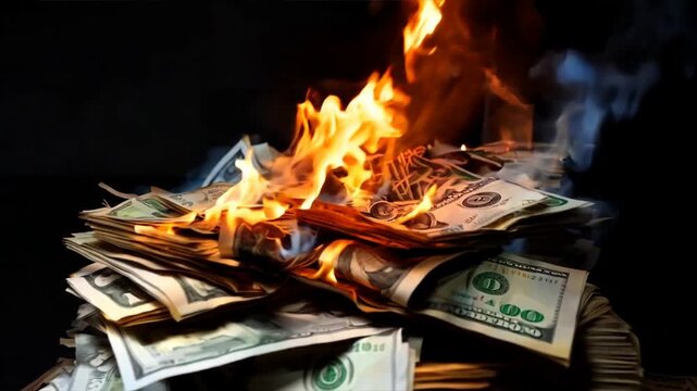 Flames consume stacks of crisp hundred-dollar banknotes, symbolizing financial loss or reckless spending