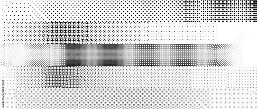 Poster Bitmap pixelated striped pattern. Black and white halftone grunge texture. Glitch noise stripe overlay. Dotted gradient wallpaper for banner, poster, flyer, print, brochure. Vector dither background