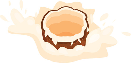 Coconut milk splashing around coconut shell on white background