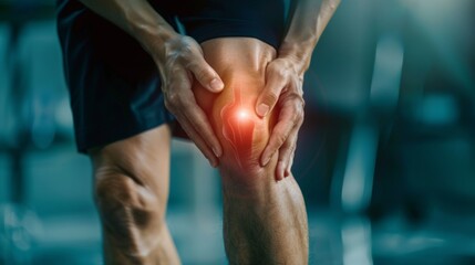 Naklejka premium Close-up of man massaging knee due to pain.