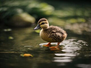 Fototapeta premium Tiny mallard duckling contemplating the water