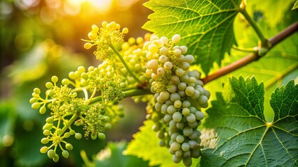 _CLOSE-UP_OF_GRAPE_VINE_FLOWERS_DELICATE_WHITE_PETALS_UNFURLING_AMONG_LUSH_GREEN_LEAVES_PROMISING_FUTURE_FRUITFUL_HARVEST_IN_WARM_NATURE_LIGHT_SOFT_FOCUS_BACKGROUND_