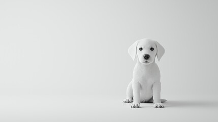 Obraz premium A cute white puppy sitting calmly on a plain background in a bright room.