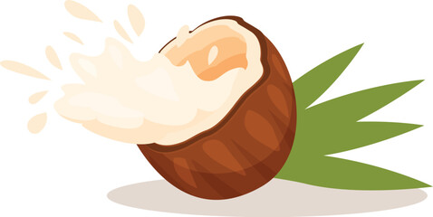 Coconut milk splashing from a ripe coconut with palm leaves on a white background