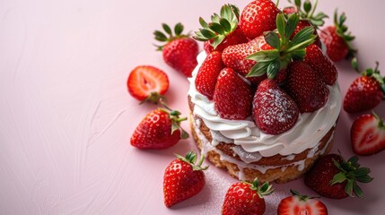 Delicious Strawberry Shortcake with Fresh Strawberries and Whipped Cream on a Pink Background