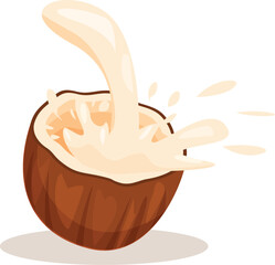 Coconut milk splashing into half of coconut, illustration on white background