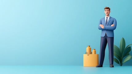 A confident businessman stands in front of a colorful background with geometric shapes, exuding professionalism and charisma.
