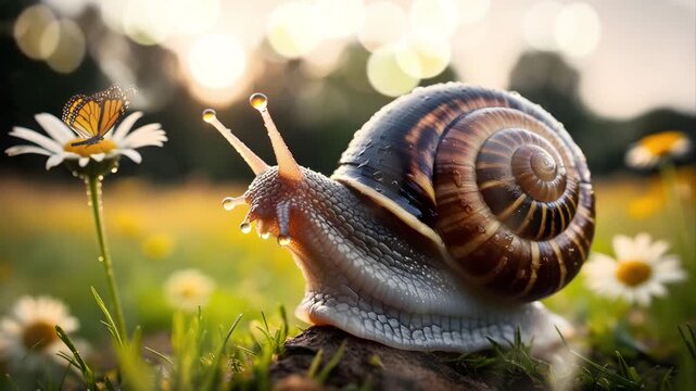 A snail is on the grass in the garden with a background of flower plants with a bokeh effect. Seamless 4K looping timelapse video animation generated AI