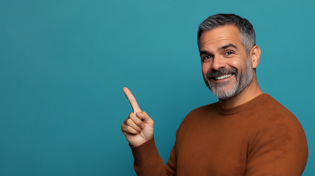 A handsome middle-aged man, isolated on an empty blue background, with a smile, positive 