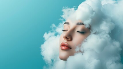 Sleeping woman head white cloud blue background. Peaceful sleep on fluffy cloud.