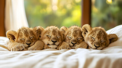 4 lion cubs sleeping soundly on a cozy bed, blurred background.