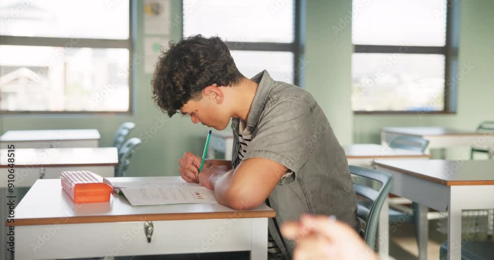 Poster student, writing and studying in classroom from teacher for education, growth and development with e