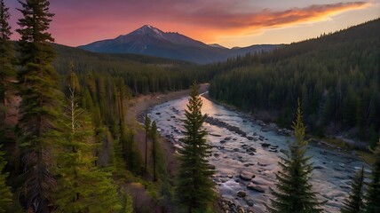 Landscape photograph featuring a serene river flowing through a forested valley at sunset