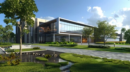 Fototapeta premium Modern Office Building with Landscaping and Pond