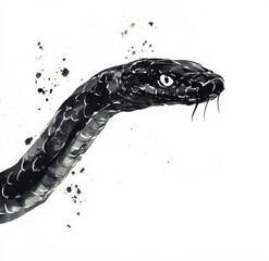 Fototapeta premium A black snake painted in ink, with the illustration on a white background