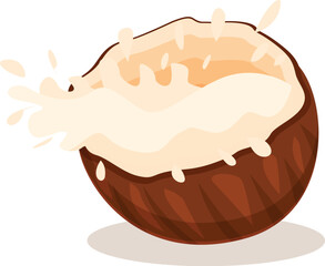 Fresh coconut milk splashing out of a coconut shell, isolated on white background