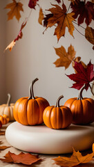 pumpkins and autumn leaves on the table