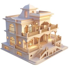 3D Render, Low Poly style of luxurious villa, on isolated white background, Generative AI
