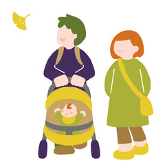 紅葉を楽しむ散歩中の赤ちゃん連れ親子のフラットなイラスト