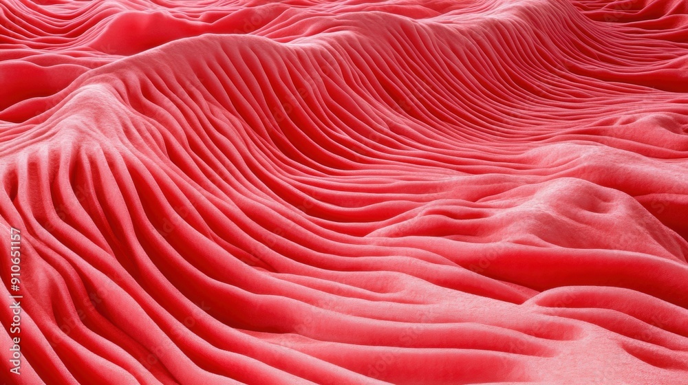 Poster a vibrant deep red surface showcases flowing waves and soft contours, creating a dynamic and rich te