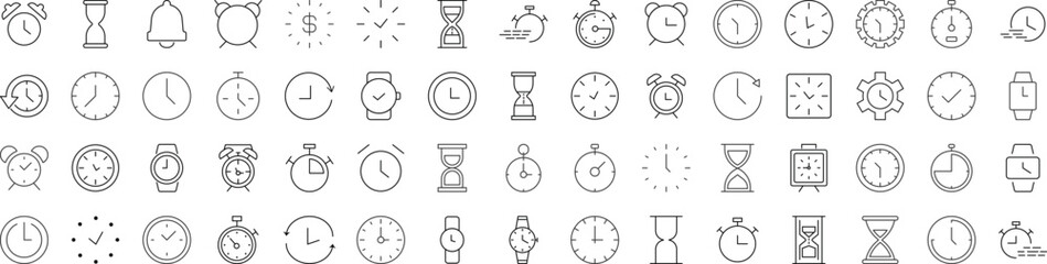 Collection of Line Signs of clock, alarm clock, hourglass. Suitable for books, stores, shops. Editable stroke in minimalistic outline style. Symbol for design
