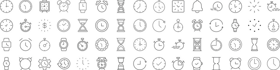Collection of Signs of clock, alarm clock, hourglass. Suitable for books, stores, shops. Editable stroke in minimalistic outline style. Symbol for design