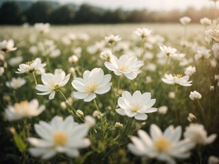 White flowers blooming in the field in spring
