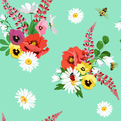 Seamless vector illustration with poppy, lupines, chamomiles, pansies and bees on a turquoise background. To decorate textiles, packaging.