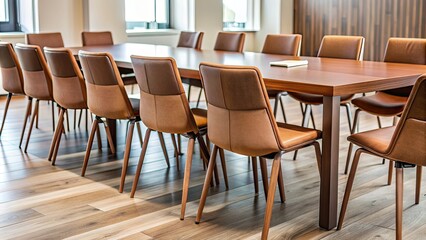 Brown chairs arranged around a table with name tags , Brown, chairs, table, name tags, meeting, conference