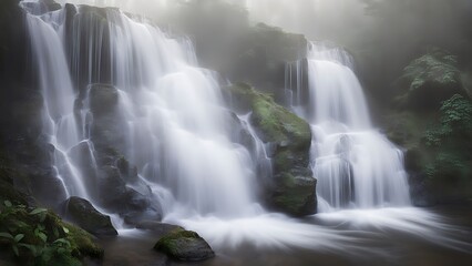 Obraz premium Waterfalls: Cascading waterfalls, captured in a flowing, almost dreamlike style, with mist and spray creating soft, ethereal textures.