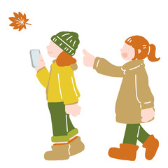 紅葉を指さす女性とスマホで撮影する女性のフラットなイラスト