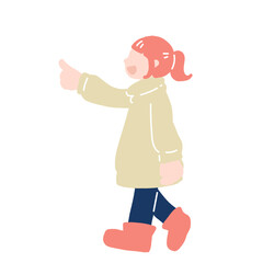上の方を指さしながら歩く女性のフラットなイラスト