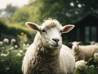 Fototapeta premium white Sheep in a garden