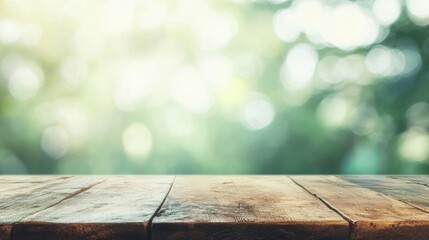 An empty wooden table is set against a soft bokeh background, creating a serene atmosphere for gatherings.