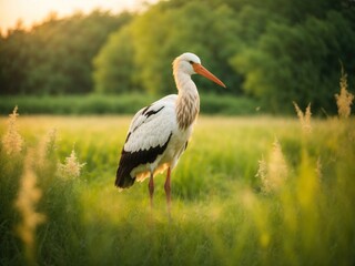 Fototapeta premium White Stork Standing In Green Summer Grass Wild Field