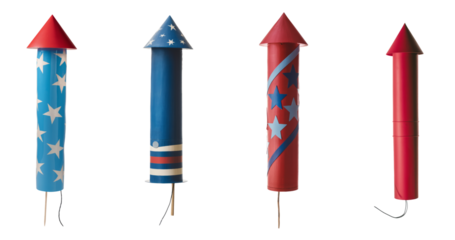 Set of bright firework rockets isolated on white