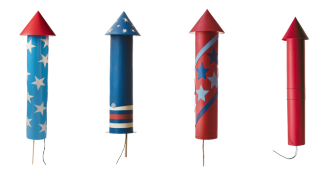 Set of bright firework rockets isolated on white - Powered by Adobe