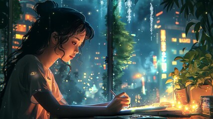 This young woman is immersed in writing by the window at night.
