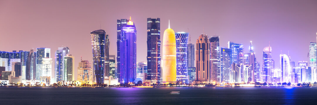 Doha cityscape panoramic at night, Qatar