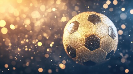 Fototapeta premium A golden soccer ball radiates light and sparkles amidst shimmering effects, creating a festive atmosphere.