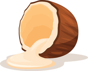 Coconut milk is pouring from a cracked coconut on a white background
