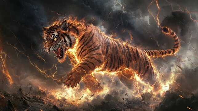 tiger in the woods Virtual 4K video animation background with looping time lapse with very smooth graphics.