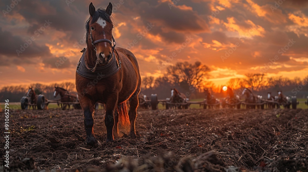 Wall mural Draft Horse Walking in Plowed Field at Sunset