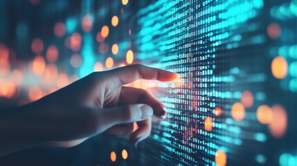 A hand is interacting with a digital graph that shows rising data trends and analytics.