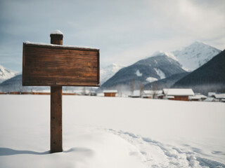 Naklejka premium wooden signboard in snow