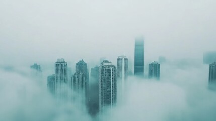 Fototapeta premium A thick fog envelops high-rise buildings, creating an ethereal cityscape in the early morning.