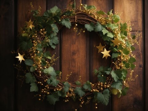 Wreath of grapevines decorated with golden stars hanging