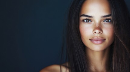 Obraz premium A poised woman showcases her beauty with long dark hair against a simple, dark backdrop.